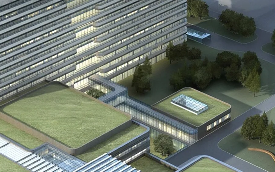 The Fourth Affiliated Hospital's Jiangbei campus: a curved inpatient block above a podium with roof gardens and a glazed walkway.